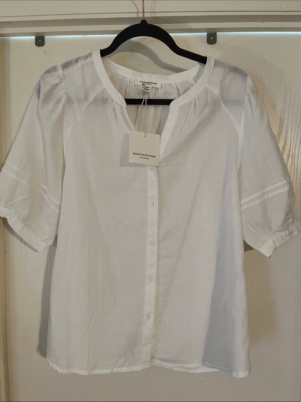 Beachlunchlounge White Short-Sleeve Button-Down Casual Cotton Shirt Med NWT